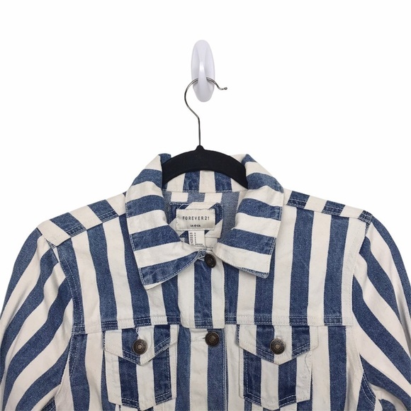 Forever 21 Blue Ivory Stripe Denim Jacket - Picture 3 of 9